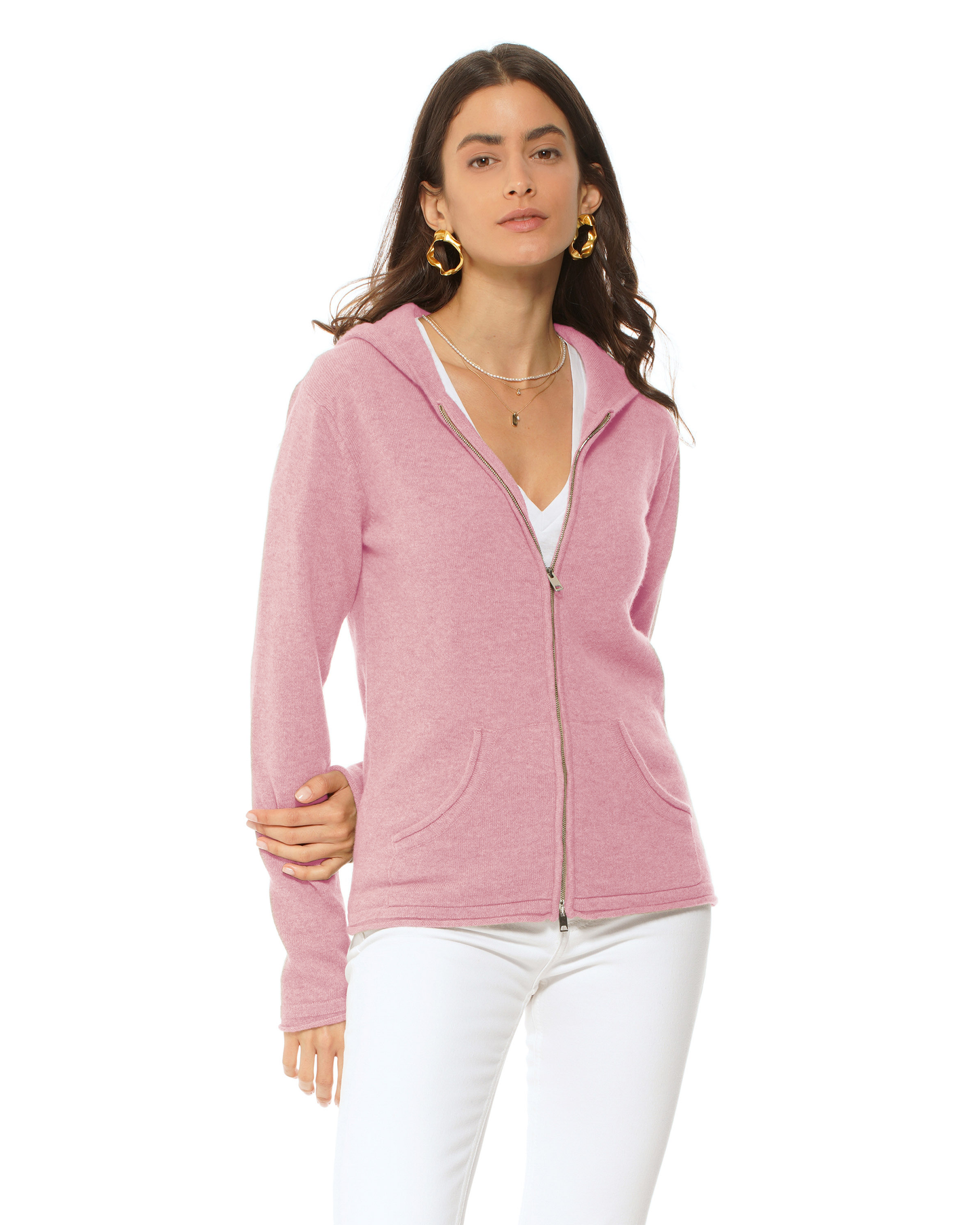 Women's Pure Cashmere Double Zip Hoodie Sweater Baby Pink