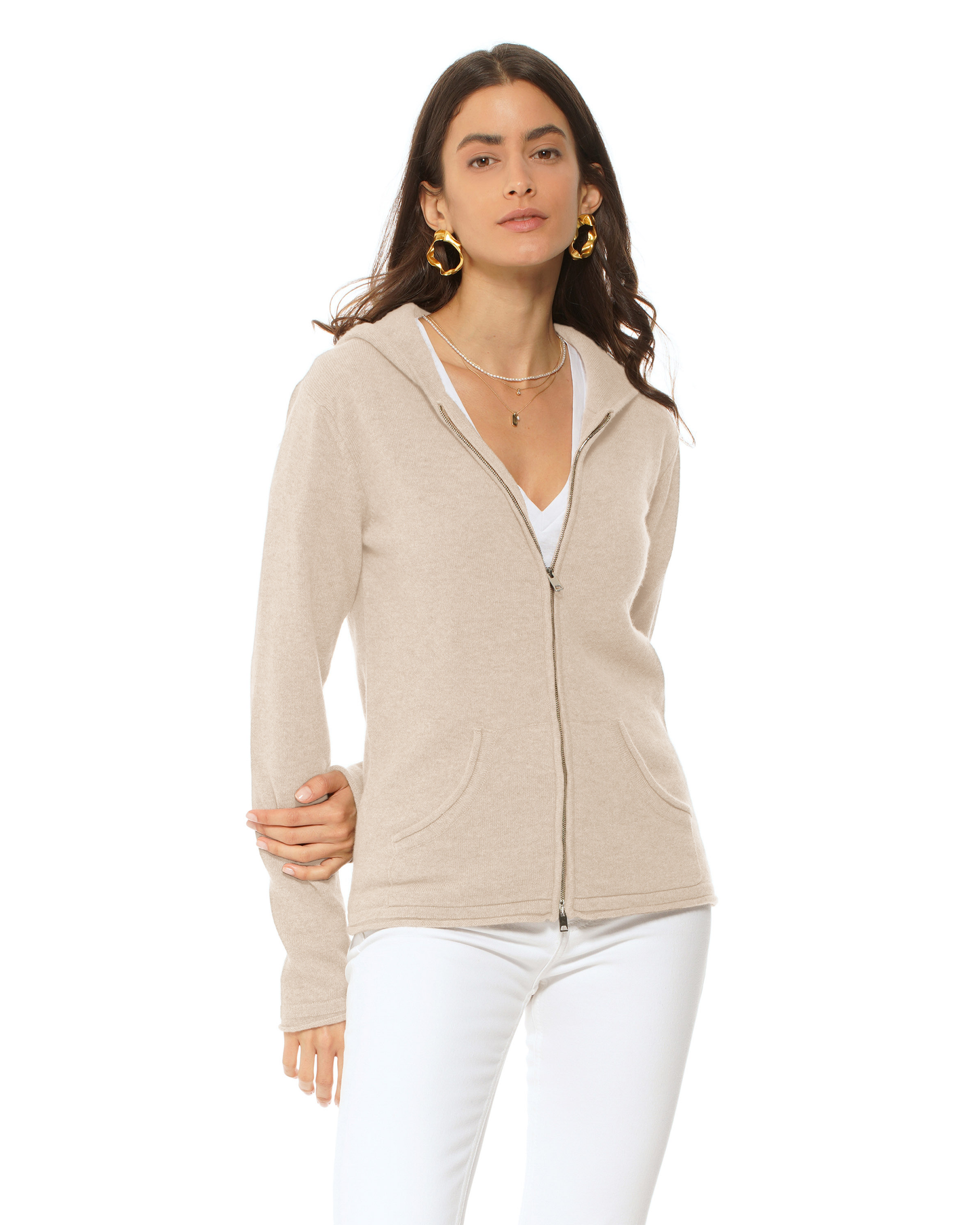 Women's Pure Cashmere Double Zip Hoodie Sweater Beige