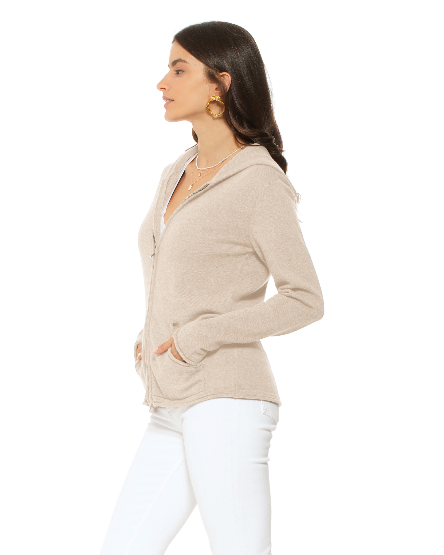 Women's Pure Cashmere Double Zip Hoodie Sweater Beige