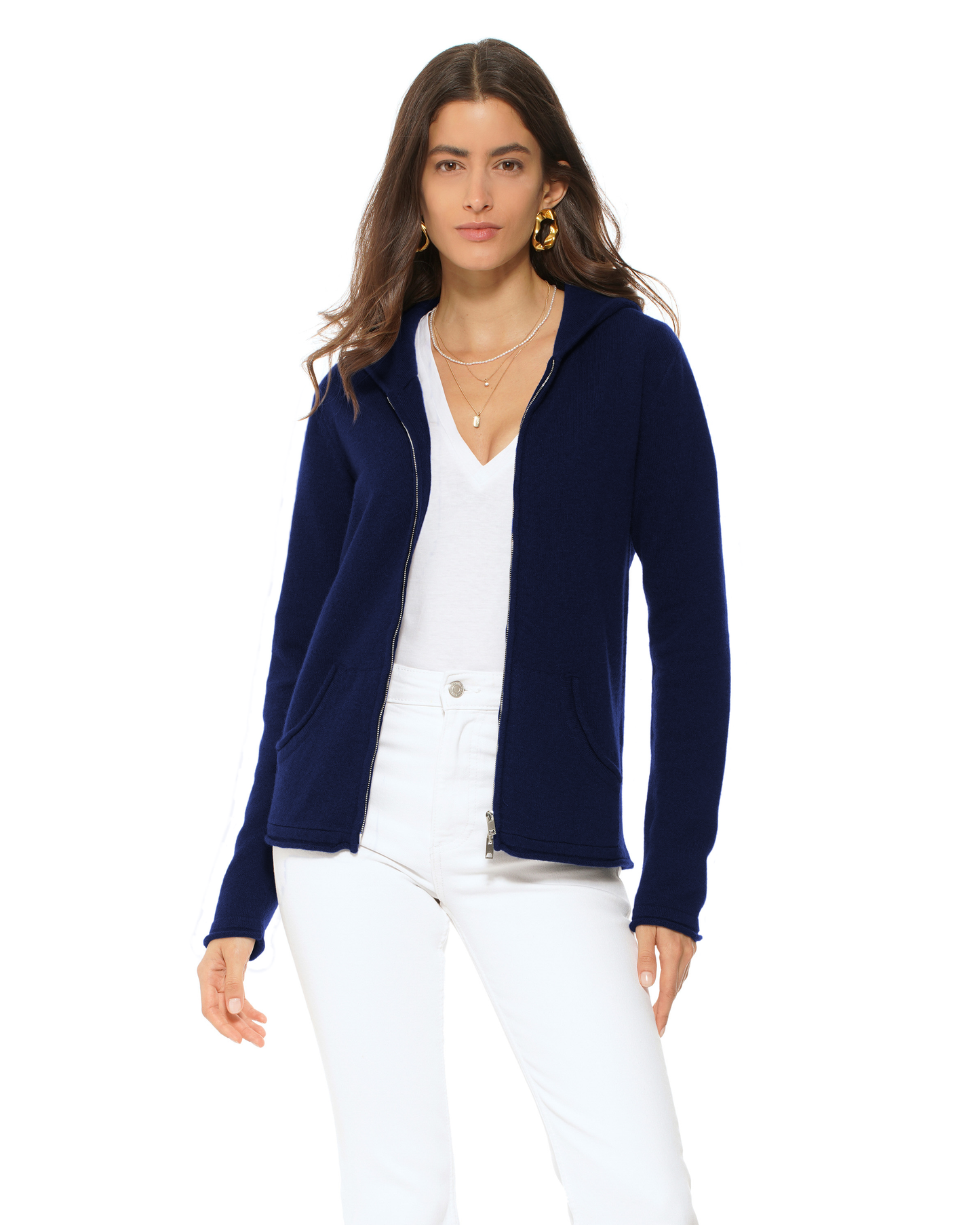 Women's Pure Cashmere Double Zip Hoodie Sweater Blue