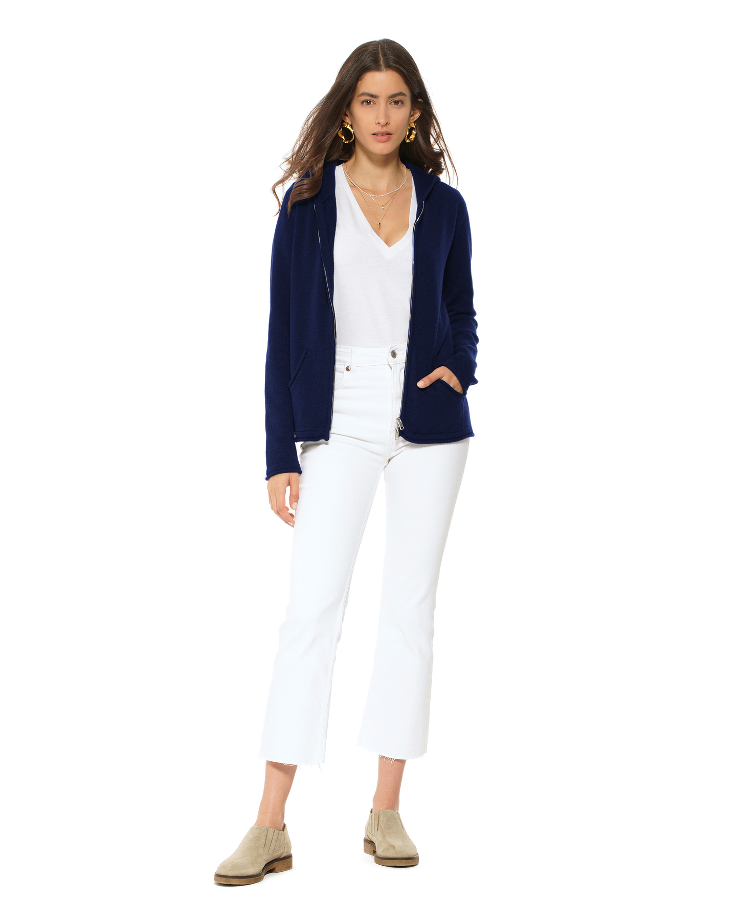 Women's Pure Cashmere Double Zip Hoodie Sweater Blue