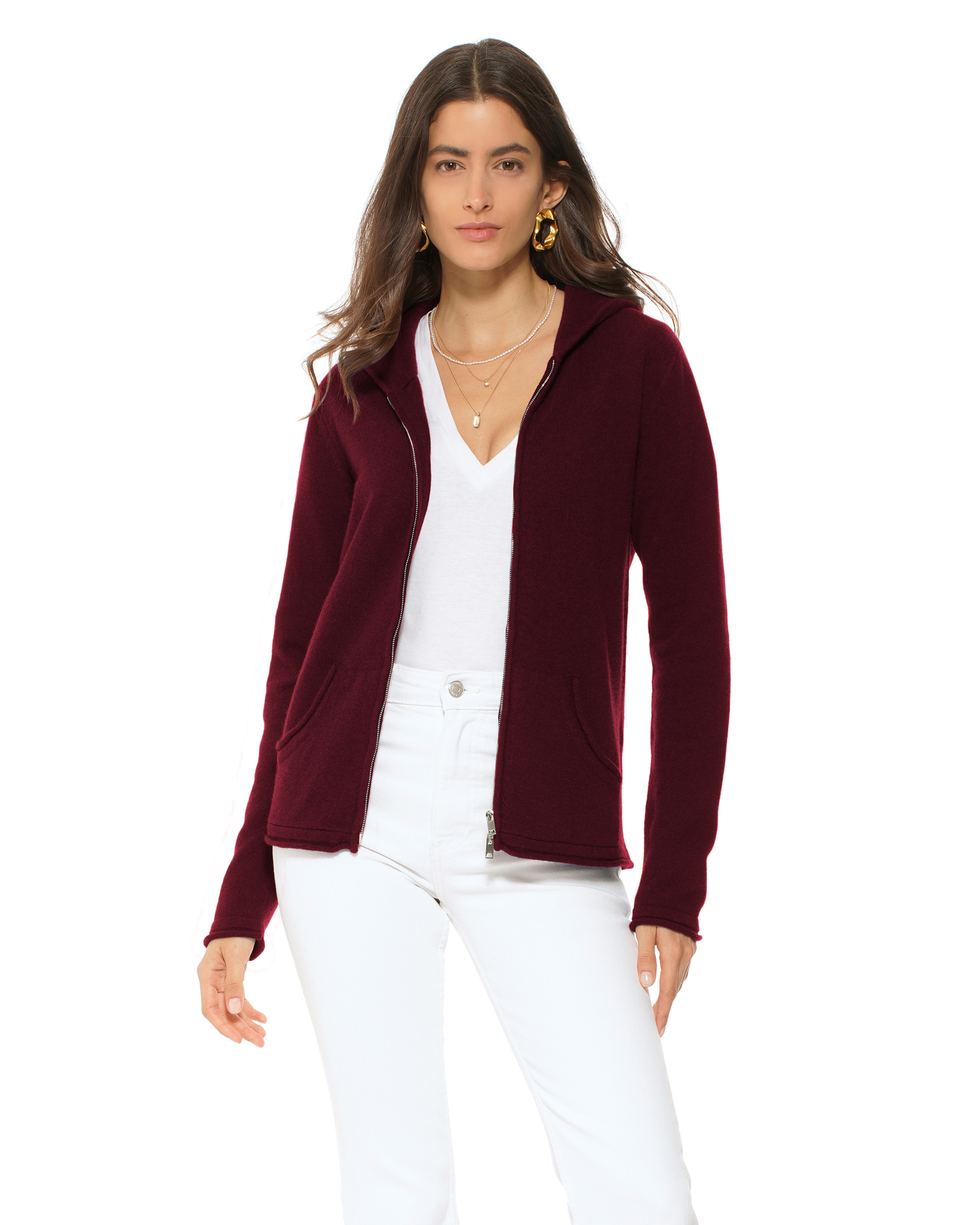 Women's Pure Cashmere Double Zip Hoodie Sweater Bordeaux
