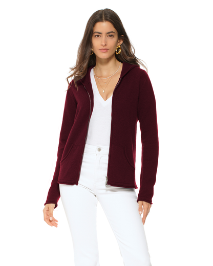 Women's Pure Cashmere Double Zip Hoodie Sweater Bordeaux