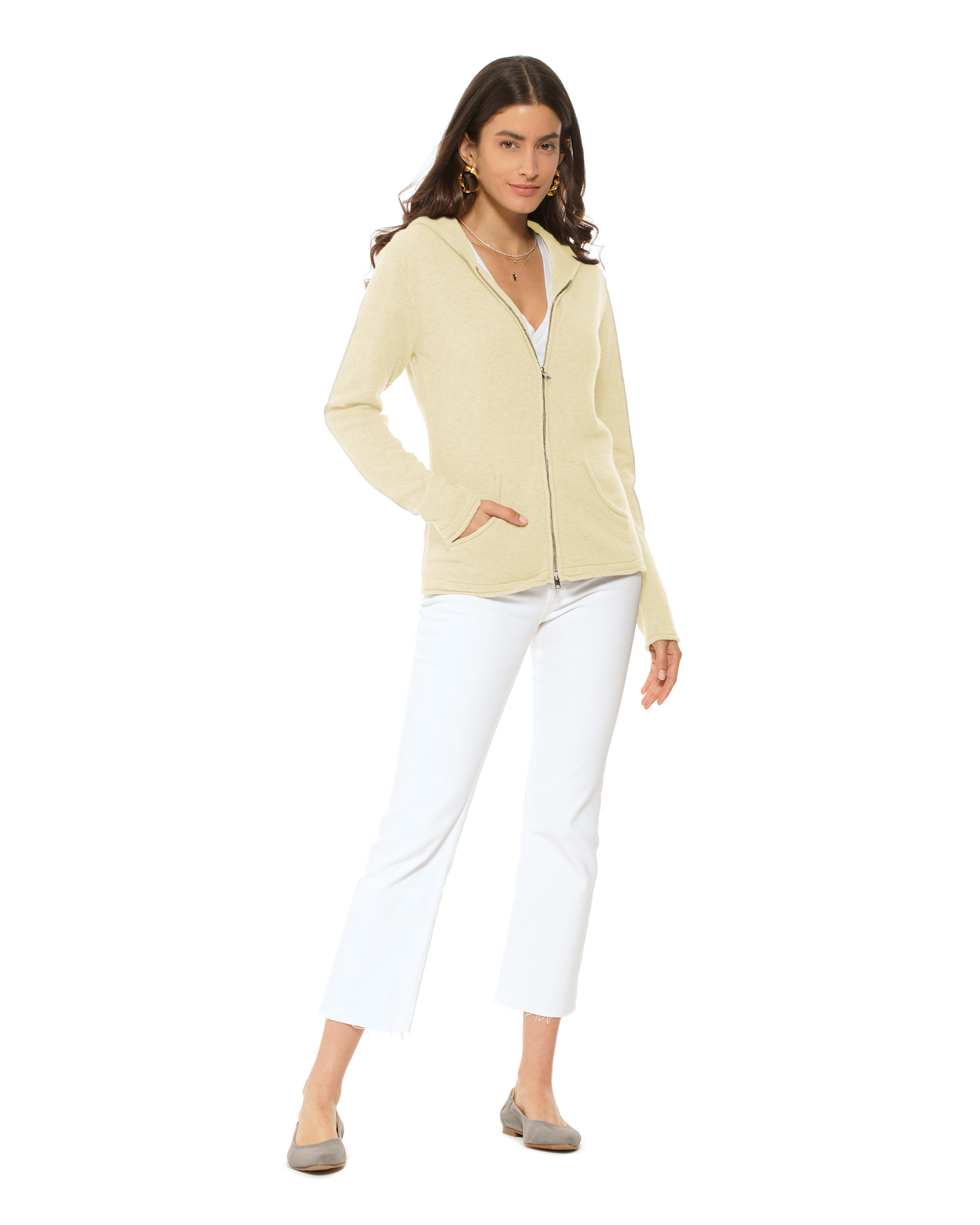 Women's Pure Cashmere Double Zip Hoodie Sweater Butter Yellow