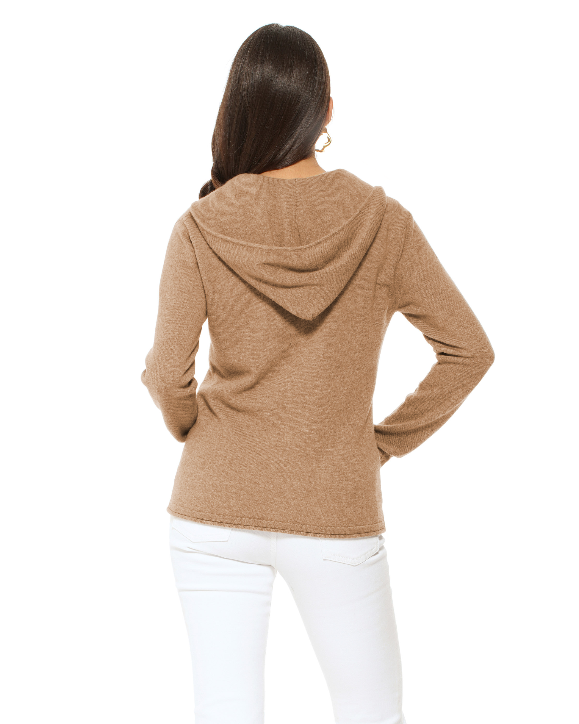 Women's Pure Cashmere Double Zip Hoodie Sweater Camel Made In