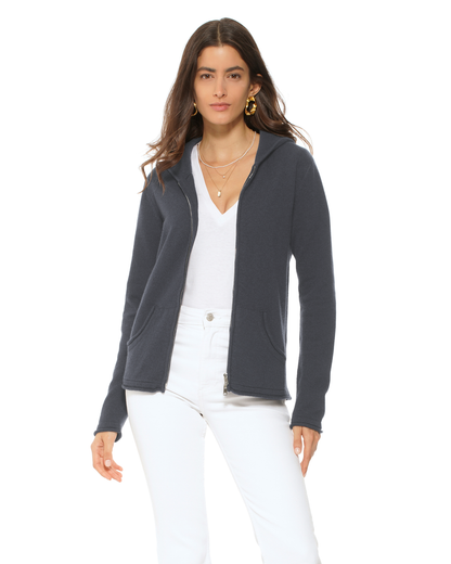 Women's Pure Cashmere Double Zip Hoodie Sweater Charcoal