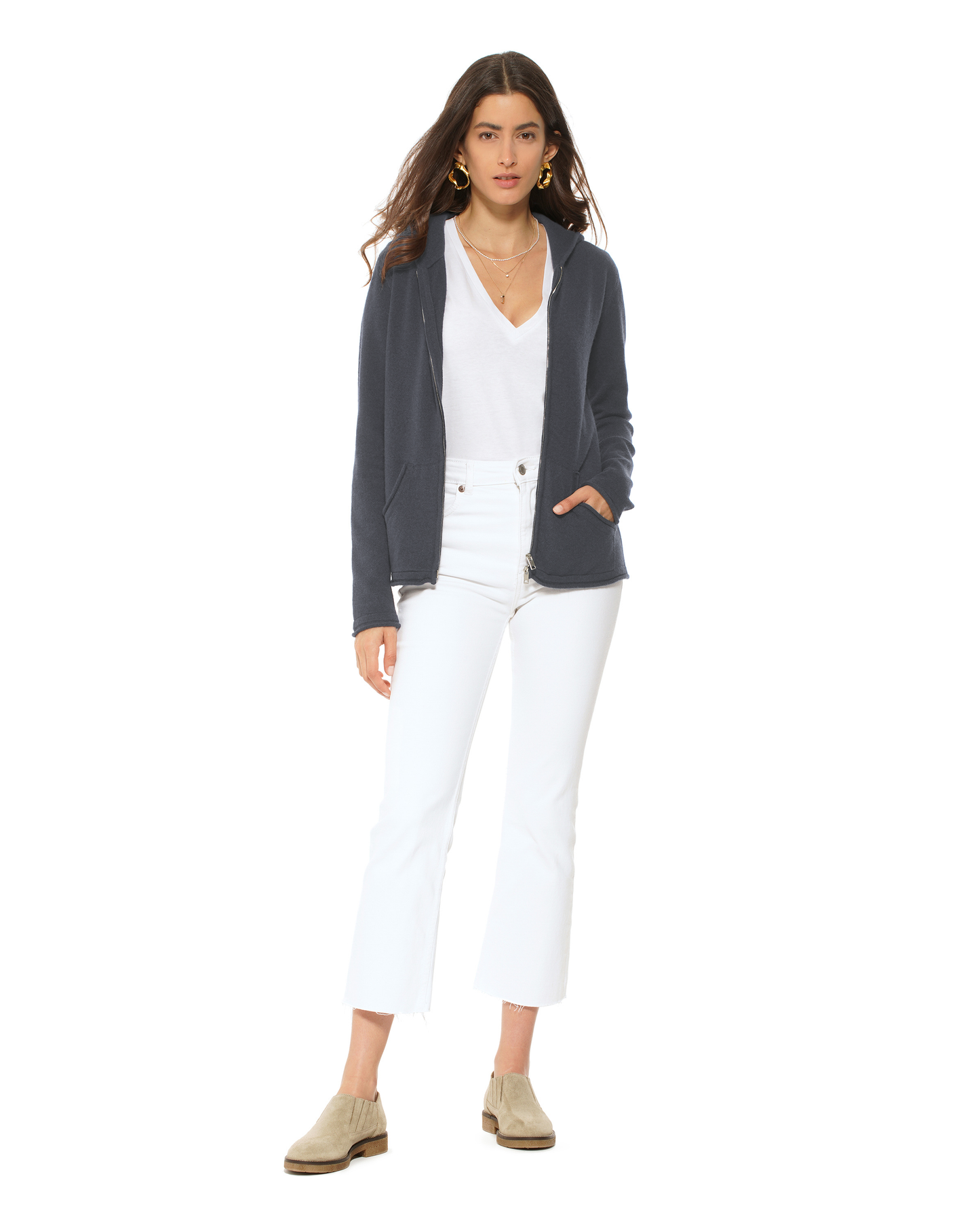 Women's Pure Cashmere Double Zip Hoodie Sweater Charcoal