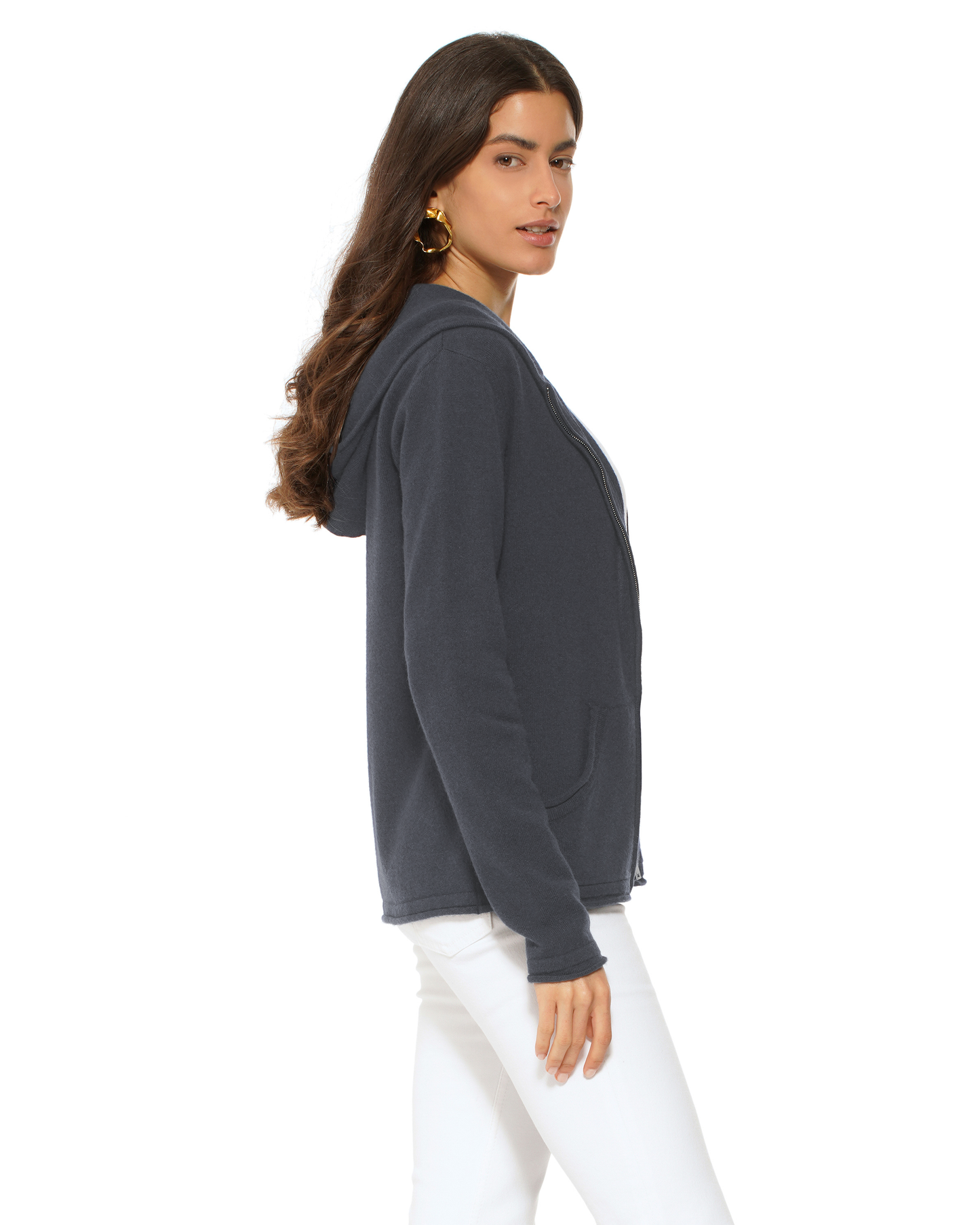 Women's Pure Cashmere Double Zip Hoodie Sweater Charcoal