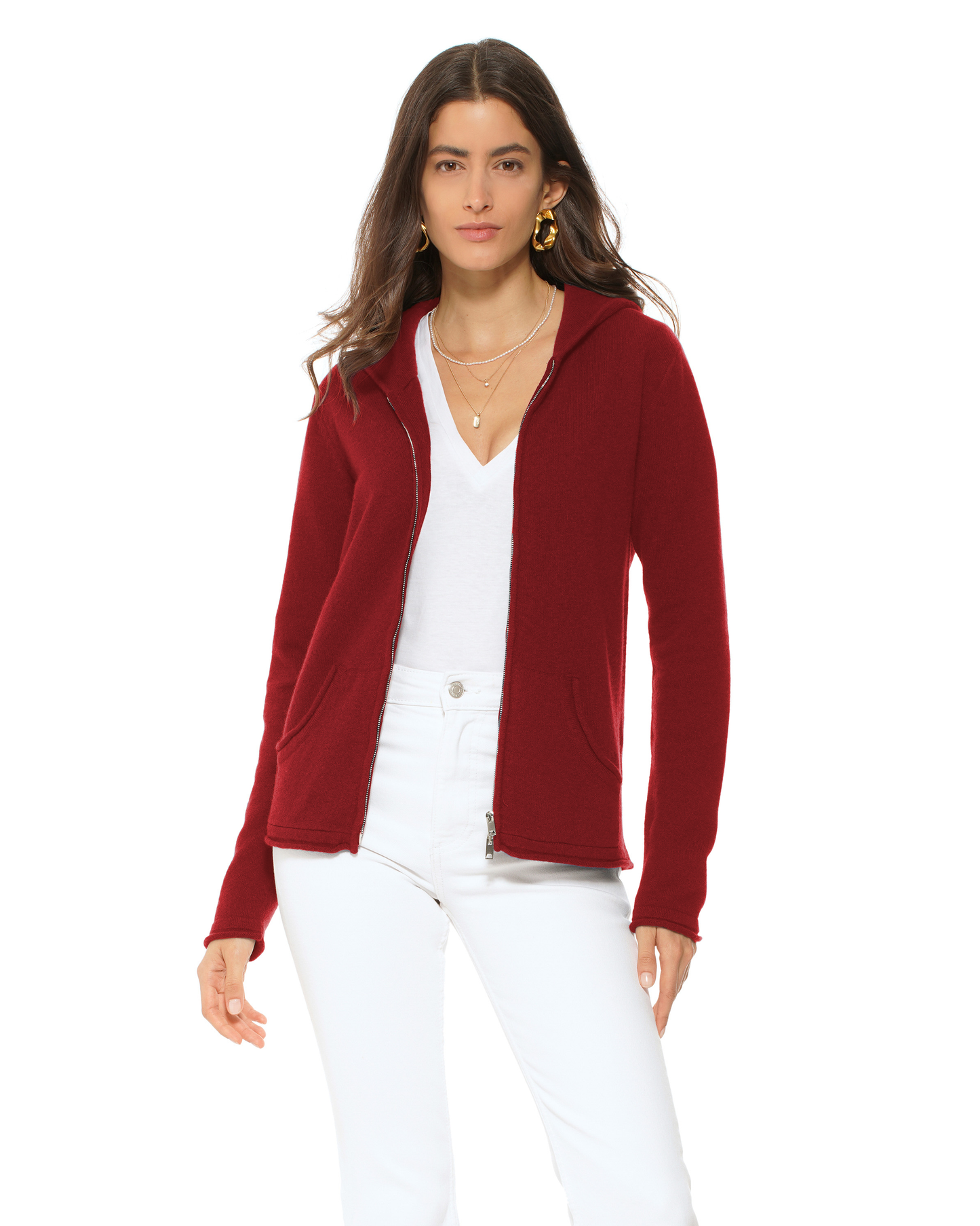 Women's Pure Cashmere Double Zip Hoodie Sweater Chianti