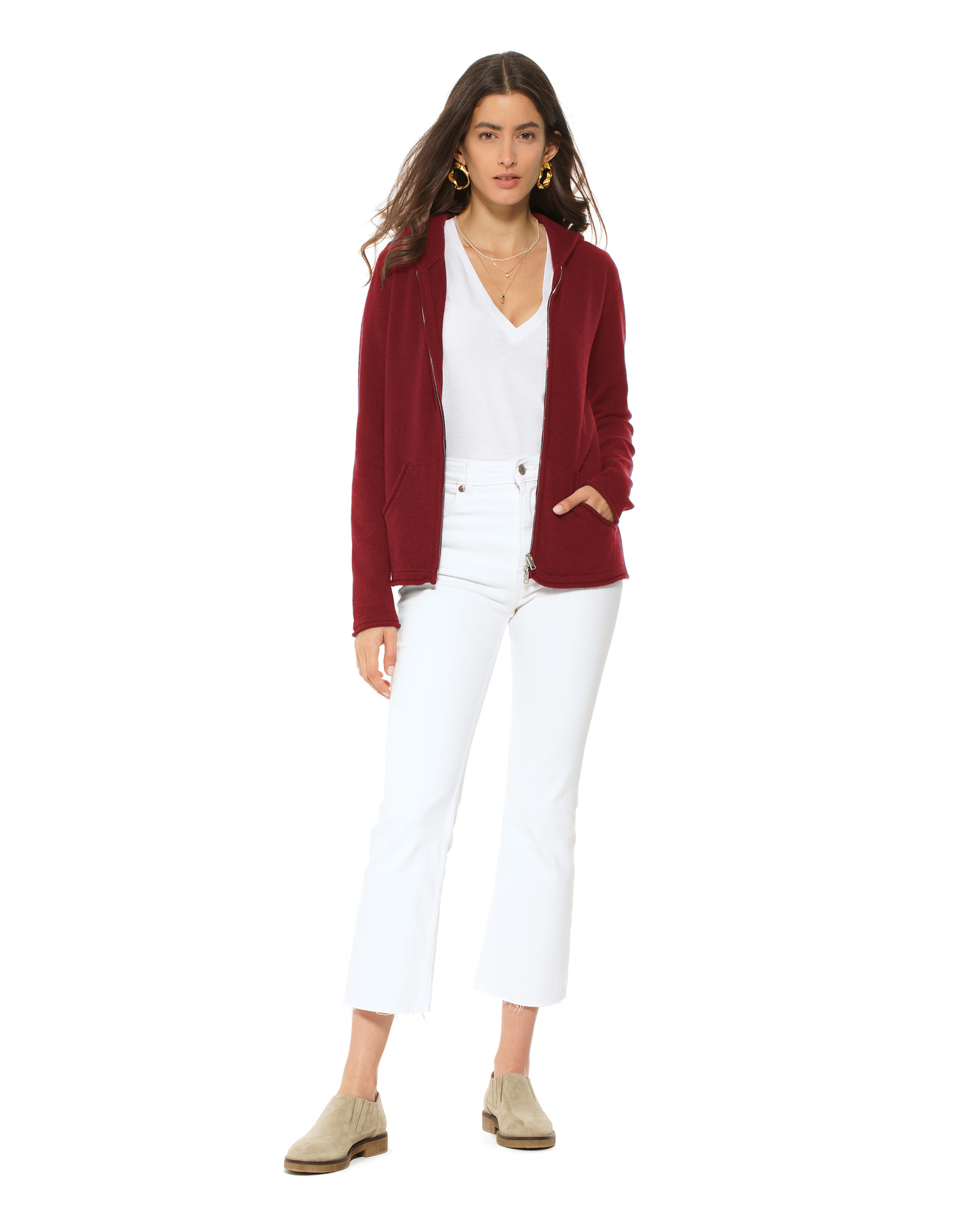 Women's Pure Cashmere Double Zip Hoodie Sweater Chianti