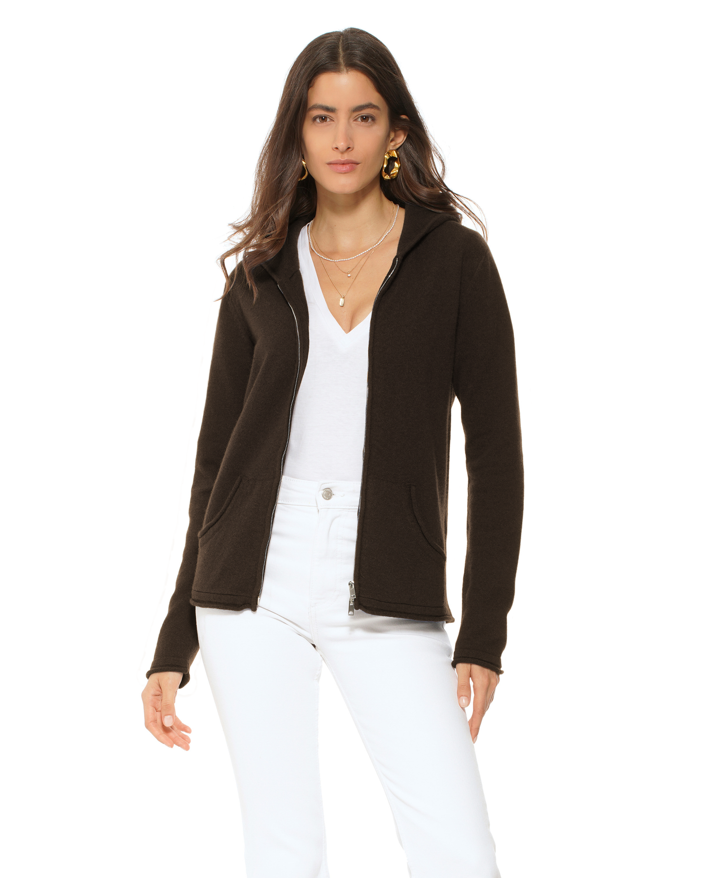 Women's Pure Cashmere Double Zip Hoodie Sweater Coffee
