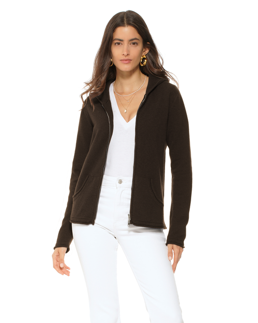 Women's Pure Cashmere Double Zip Hoodie Sweater Coffee