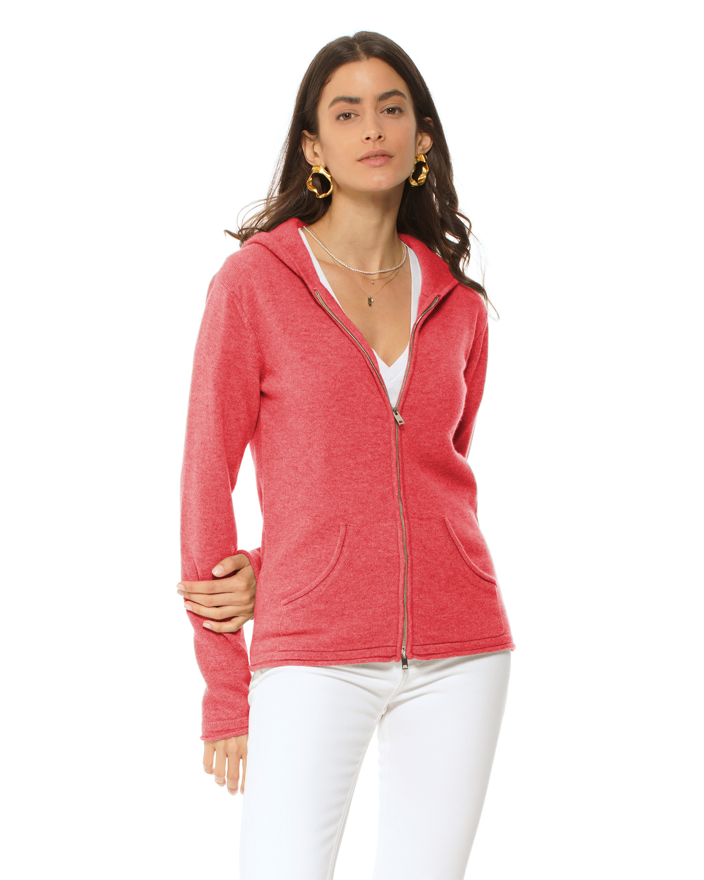Women's Pure Cashmere Double Zip Hoodie Sweater Coral Red
