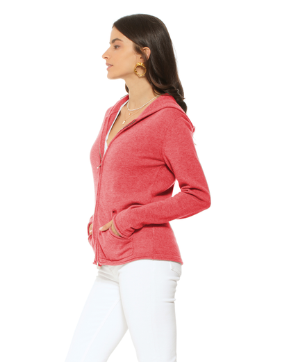Women's Pure Cashmere Double Zip Hoodie Sweater Coral Red