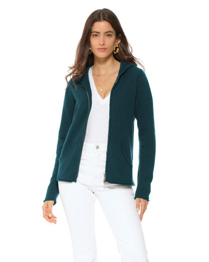 Women's Pure Cashmere Double Zip Hoodie Sweater Forest Green