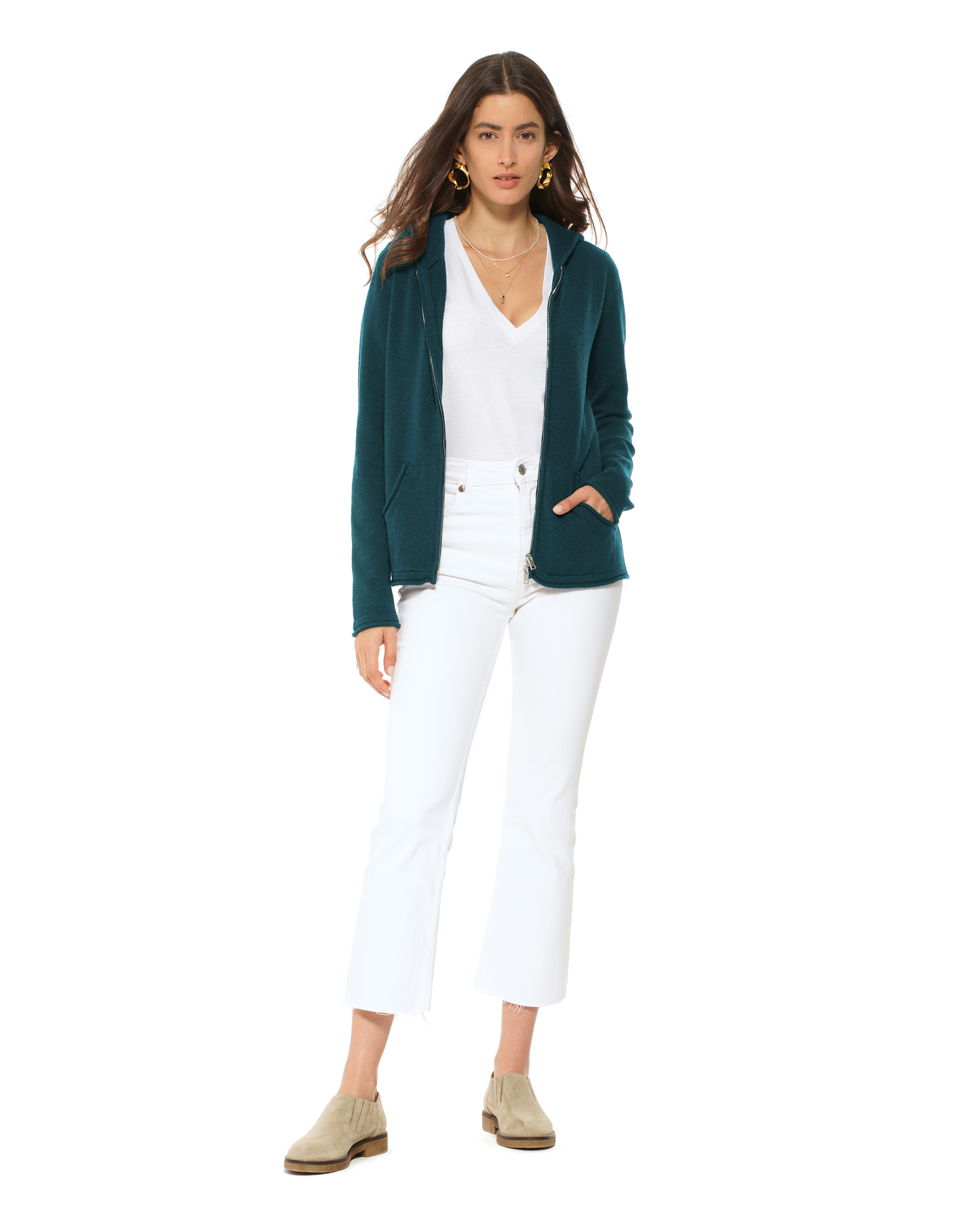 Women's Pure Cashmere Double Zip Hoodie Sweater Forest Green