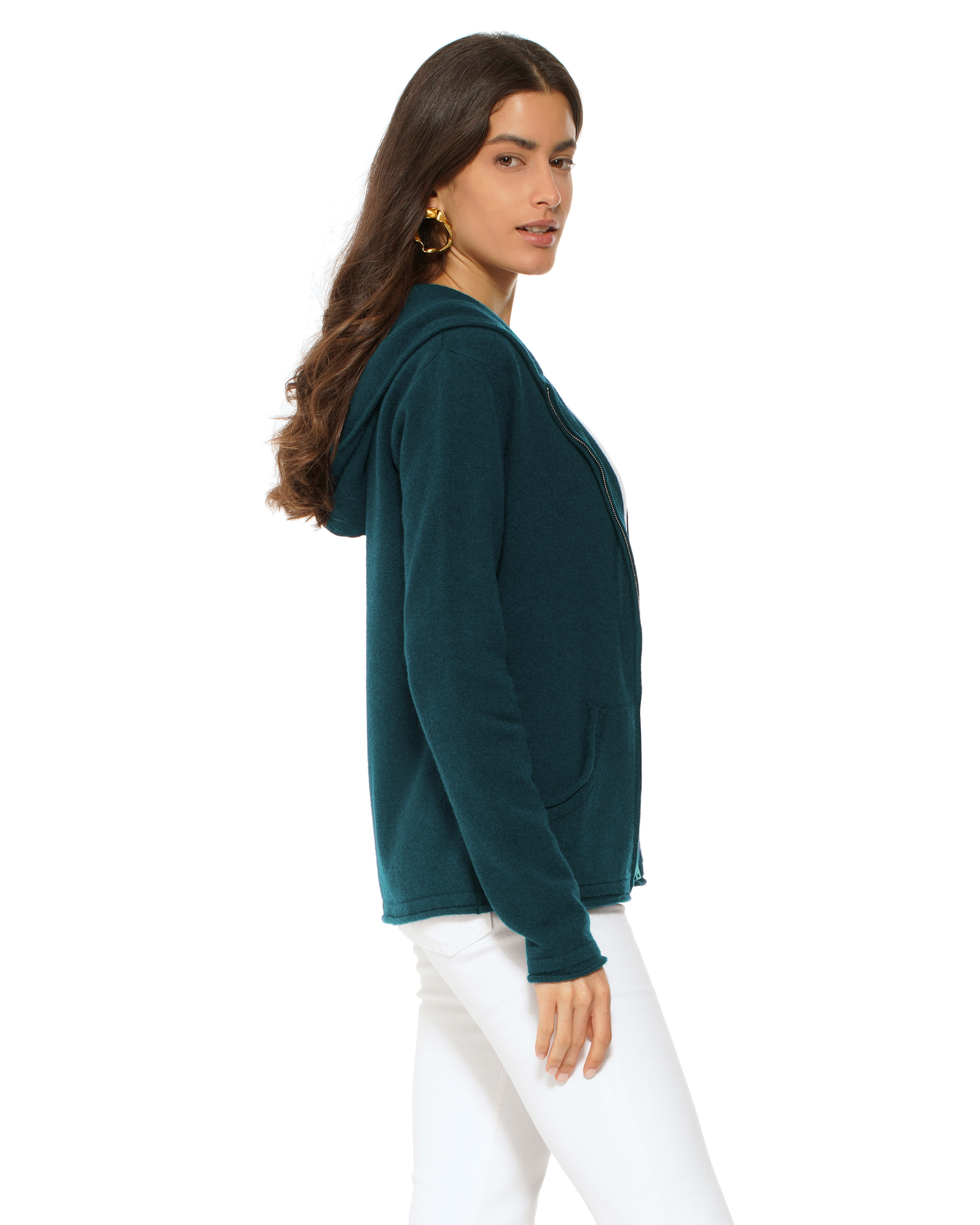 Women's Pure Cashmere Double Zip Hoodie Sweater Forest Green