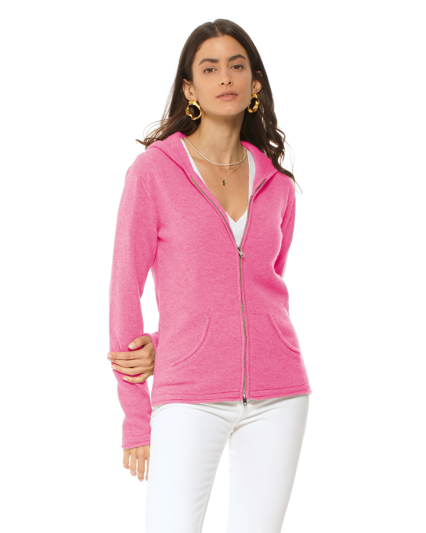 Women's Pure Cashmere Double Zip Hoodie Sweater Fuchsia