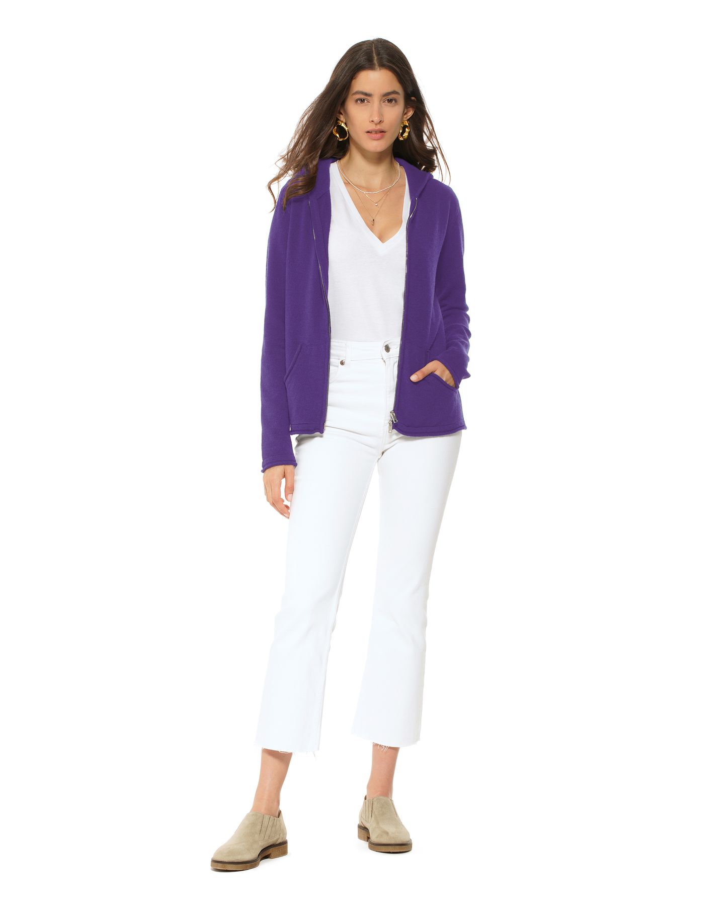 Women's Pure Cashmere Double Zip Hoodie Sweater Iris Purple