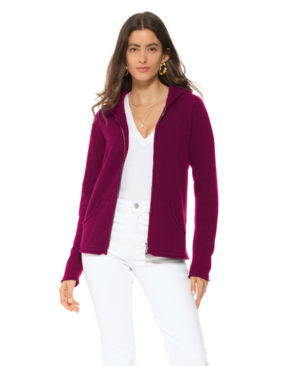 Women's Pure Cashmere Double Zip Hoodie Sweater Magenta