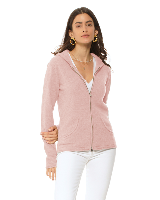 Women's Pure Cashmere Double Zip Hoodie Sweater Old Rose