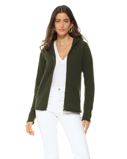 Women's Pure Cashmere Double Zip Hoodie Sweater Olive Green
