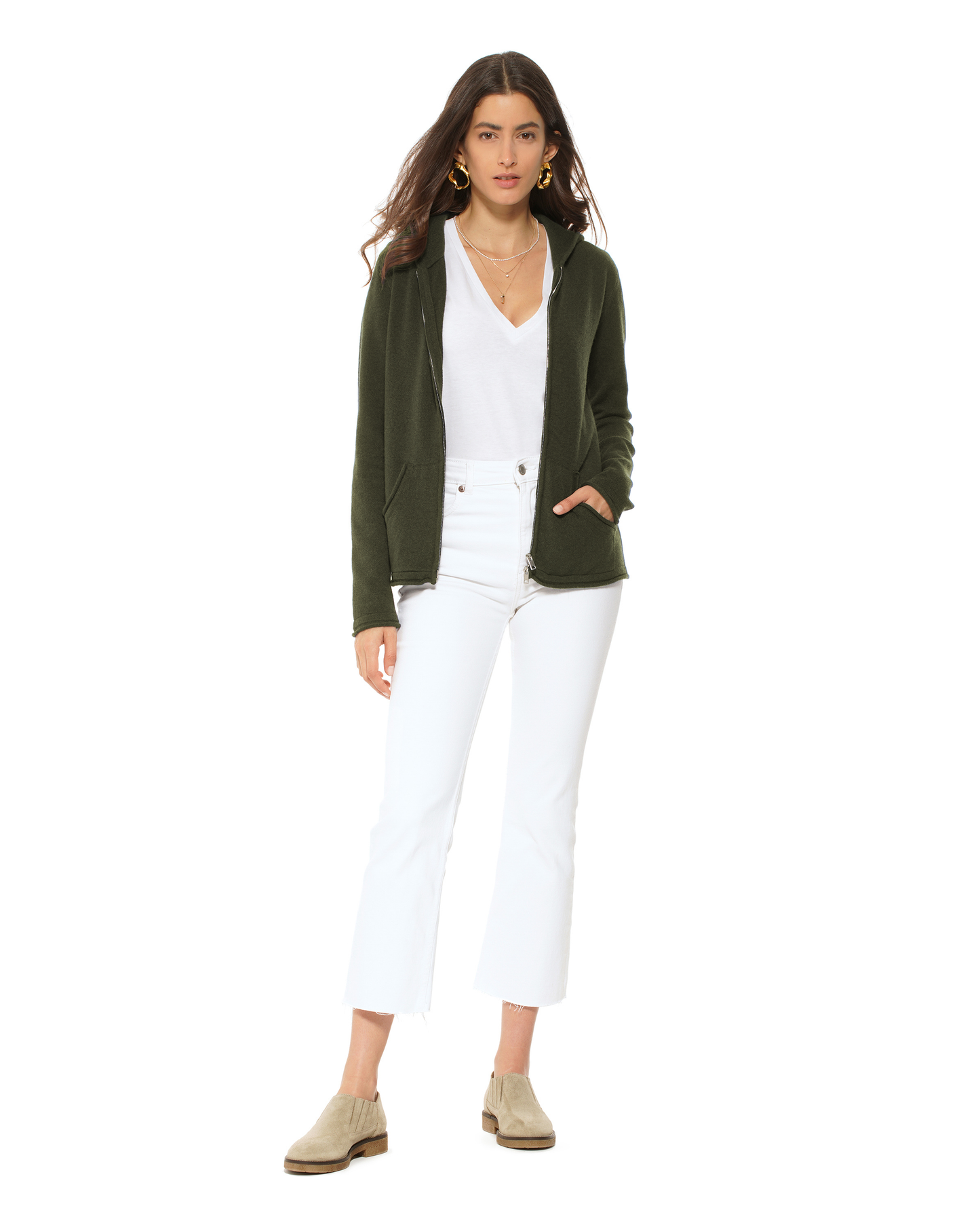 Women's Pure Cashmere Double Zip Hoodie Sweater Olive Green