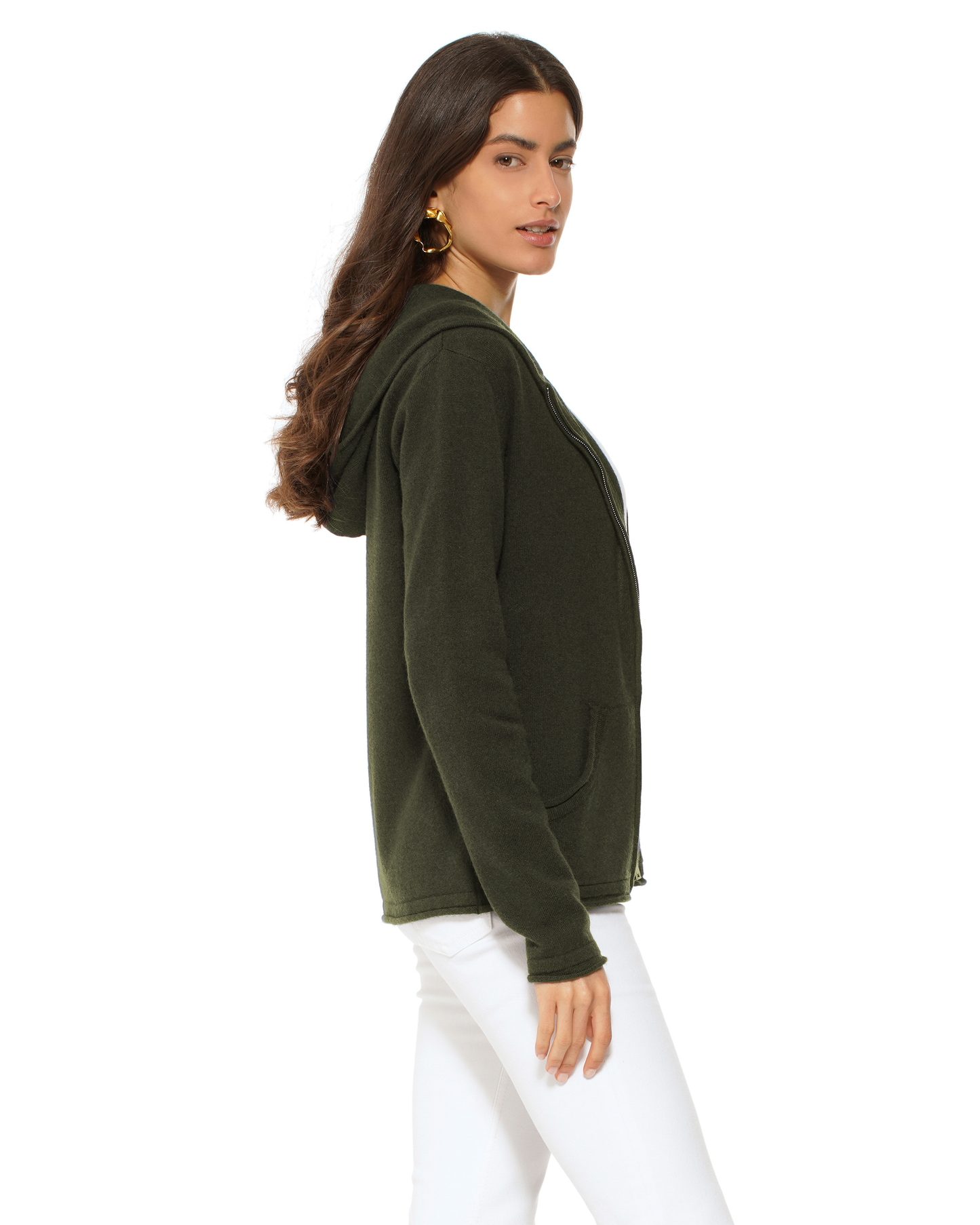 Women's Pure Cashmere Double Zip Hoodie Sweater Olive Green