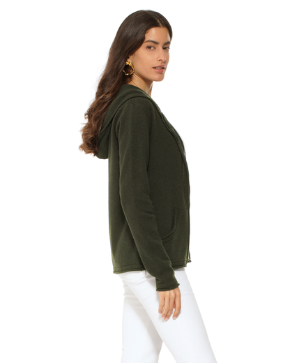 Women's Pure Cashmere Double Zip Hoodie Sweater Olive Green