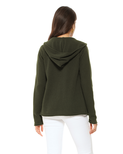 Women's Pure Cashmere Double Zip Hoodie Sweater Olive Green