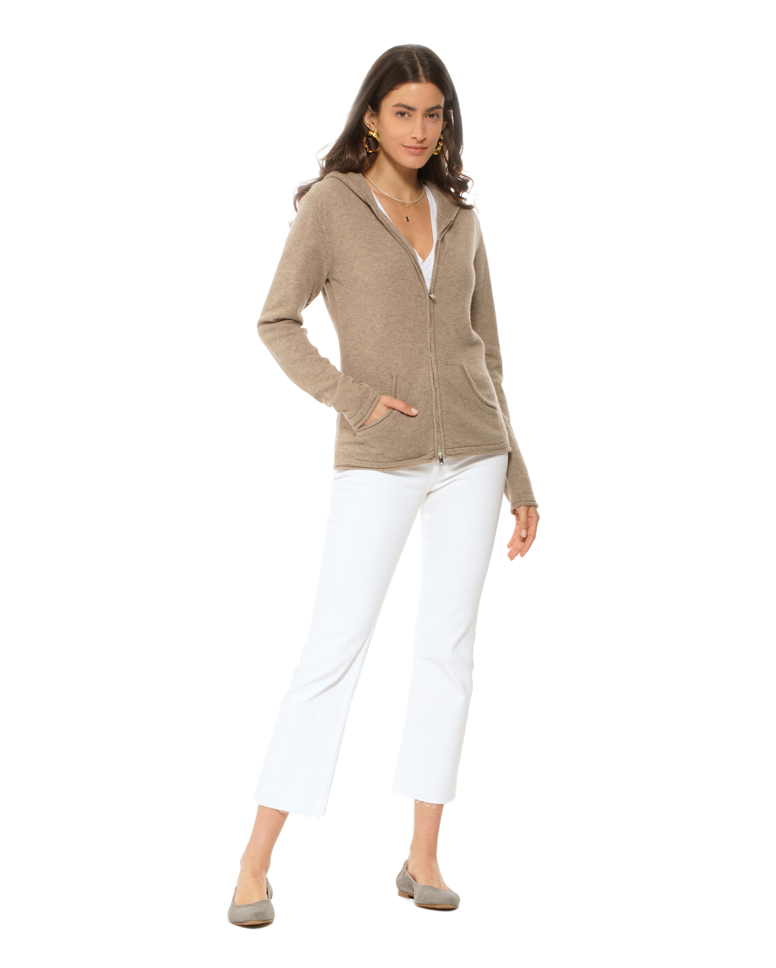 Monticelli Women's Pure Cashmere Hoodie Sweater Taupe 4