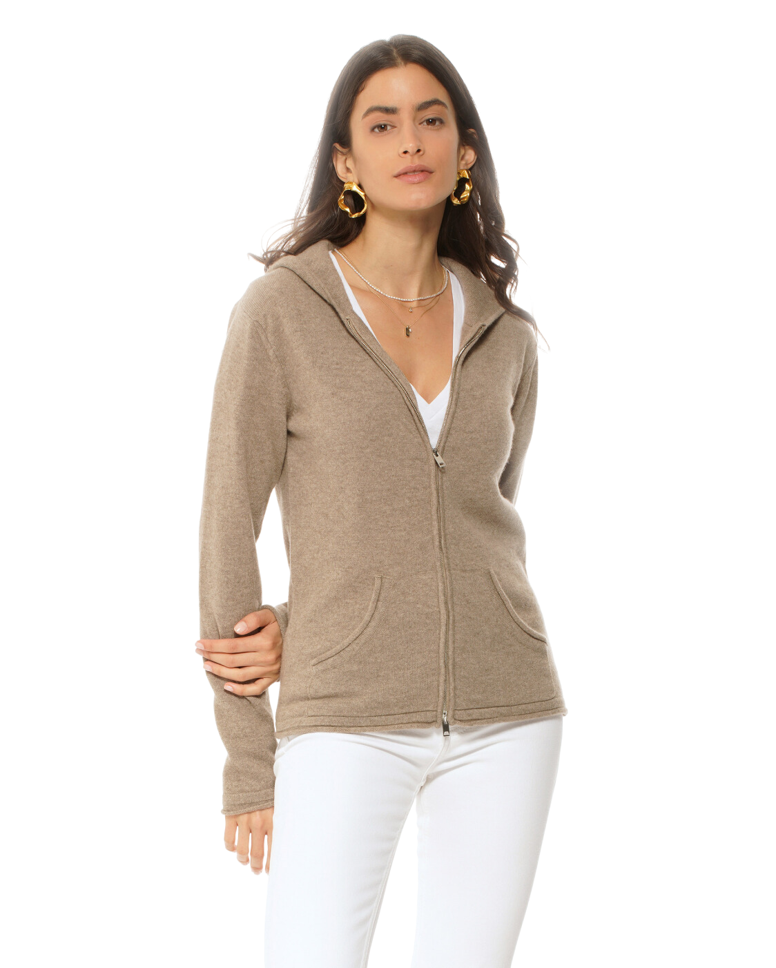 Monticelli Women's Pure Cashmere Hoodie Sweater Taupe 1