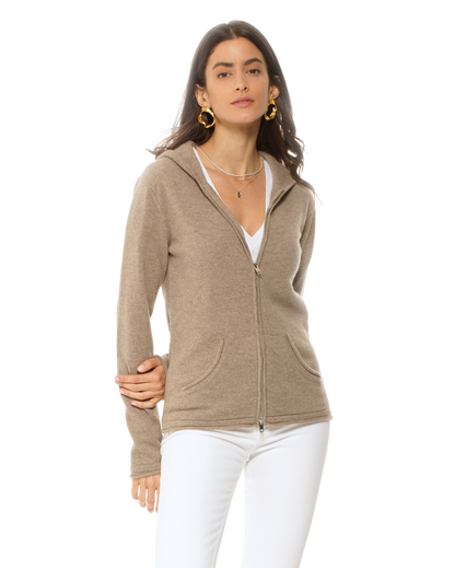 Monticelli Women's Pure Cashmere Hoodie Sweater Taupe 1