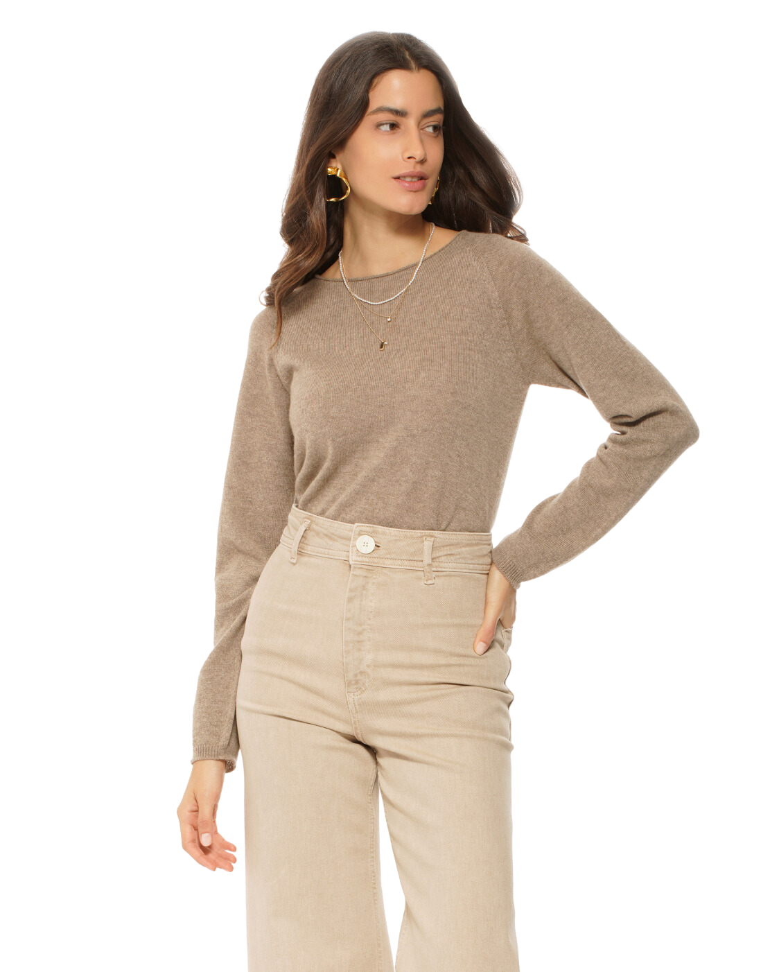 Monticelli Women's Ultralight Cashmere Raglan Crew Neck Sweater Taupe 1