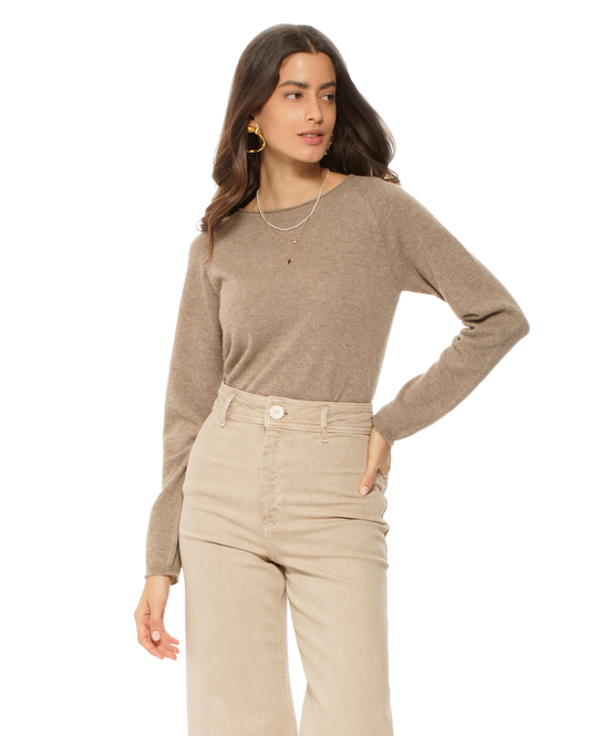 Monticelli Women's Ultralight Cashmere Raglan Crew Neck Sweater Taupe 1