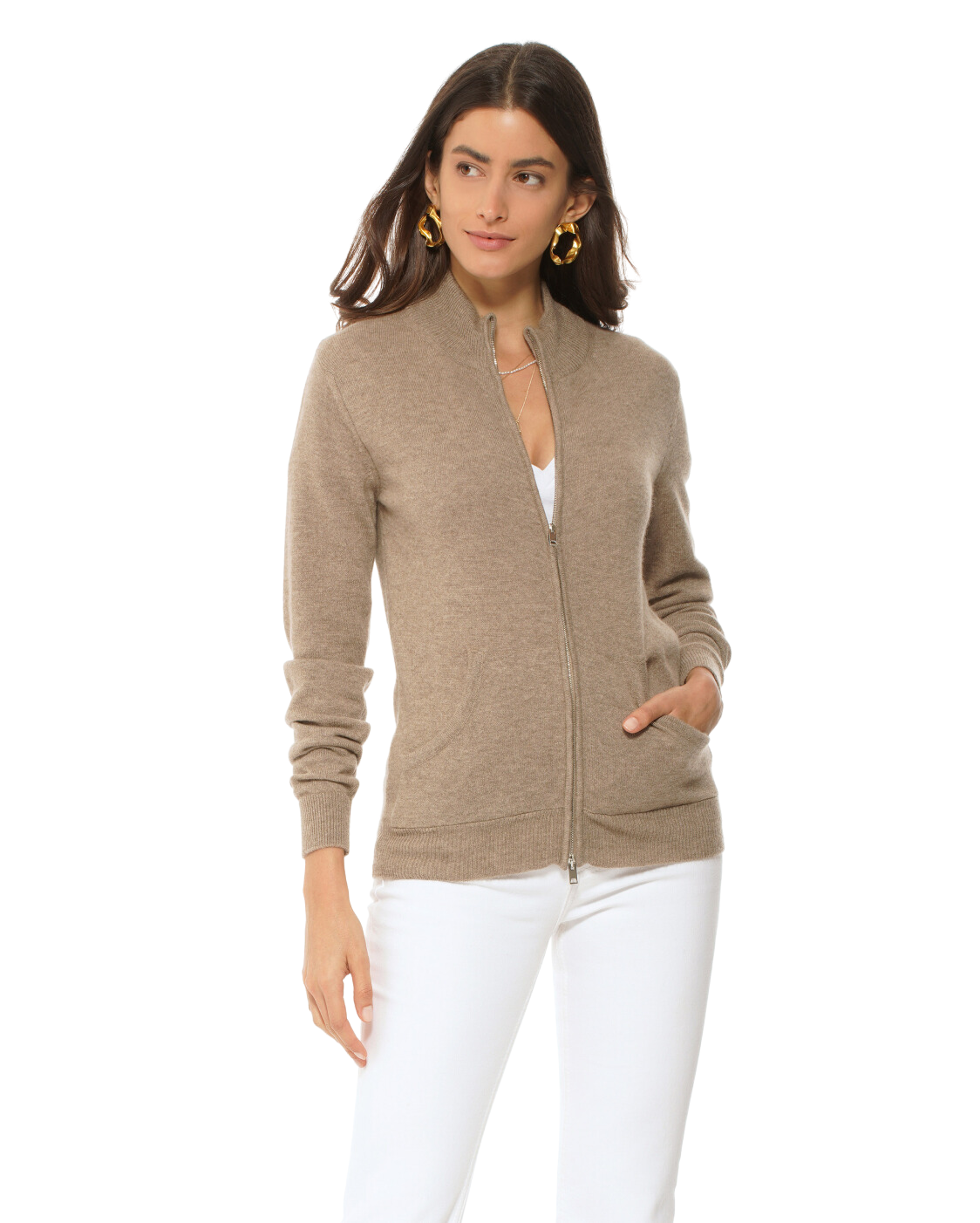 Monticelli Women's Cashmere Zip Cardigan Taupe 1