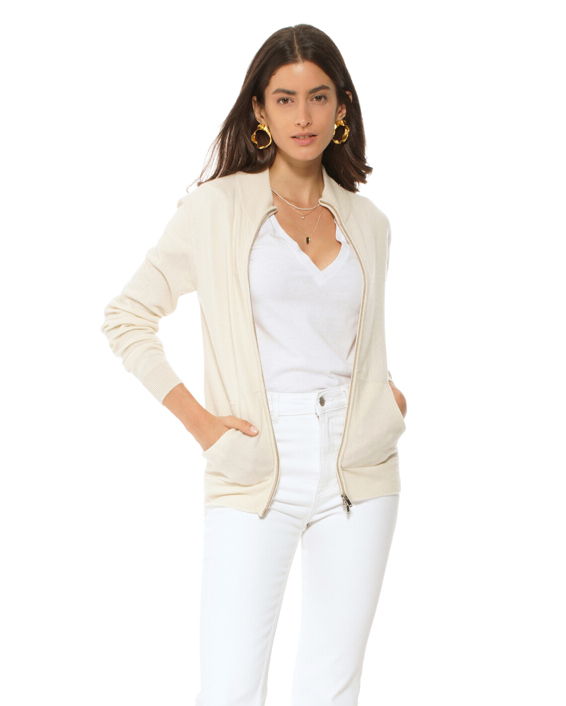 Monticelli Women's Cashmere Zip Cardigan Milk White 1