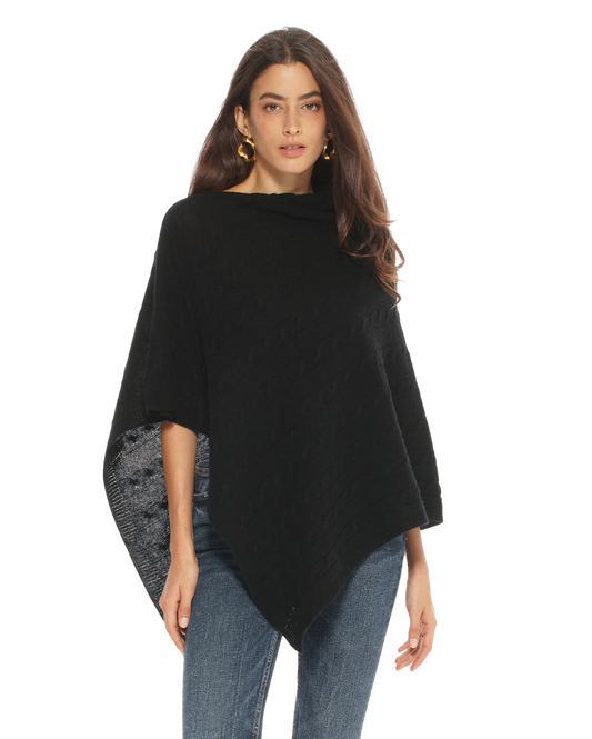Monticelli Pure Cashmere Cable Knit Poncho Black Made In Italy 1 