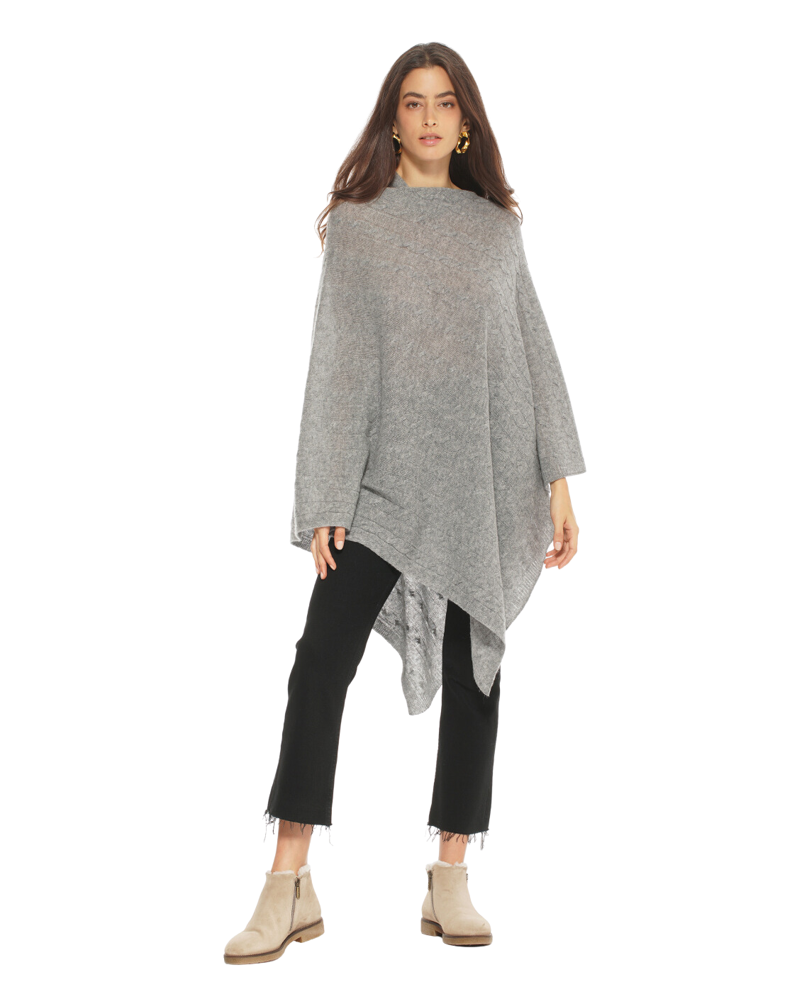 Monticelli Pure Cashmere Cable Knit Poncho Medium Grey  Made In Italy 4