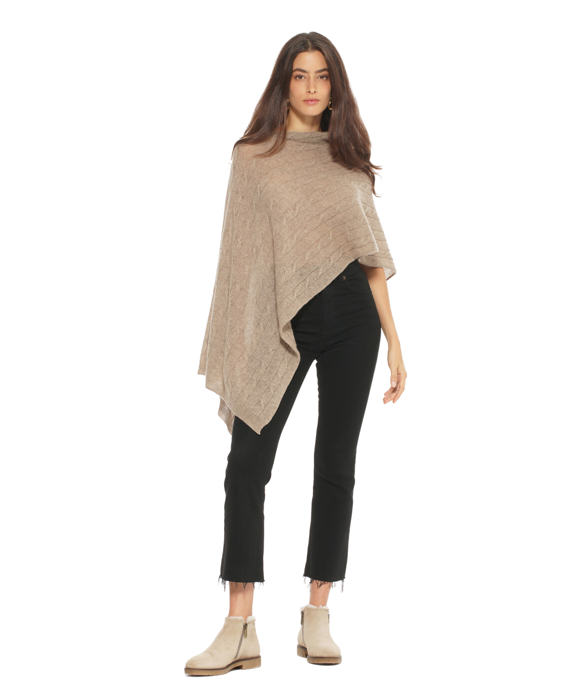 Monticelli Pure Cashmere Cable Knit Poncho Taupe  Made In Italy 4