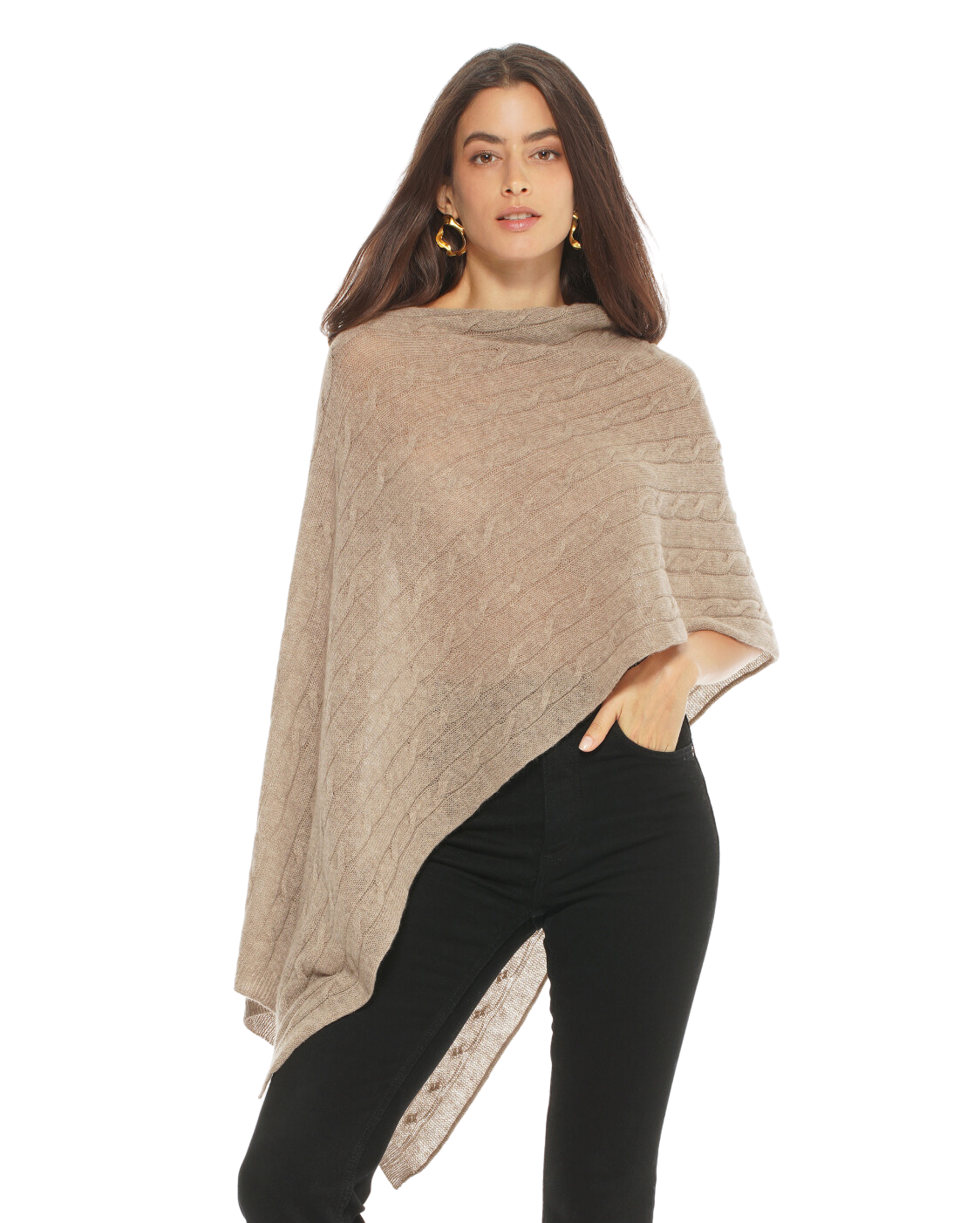 Monticelli Pure Cashmere Cable Knit Poncho Taupe  Made In Italy 1 