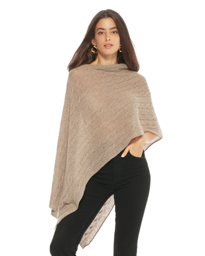 Monticelli Pure Cashmere Cable Knit Poncho Taupe  Made In Italy 1 