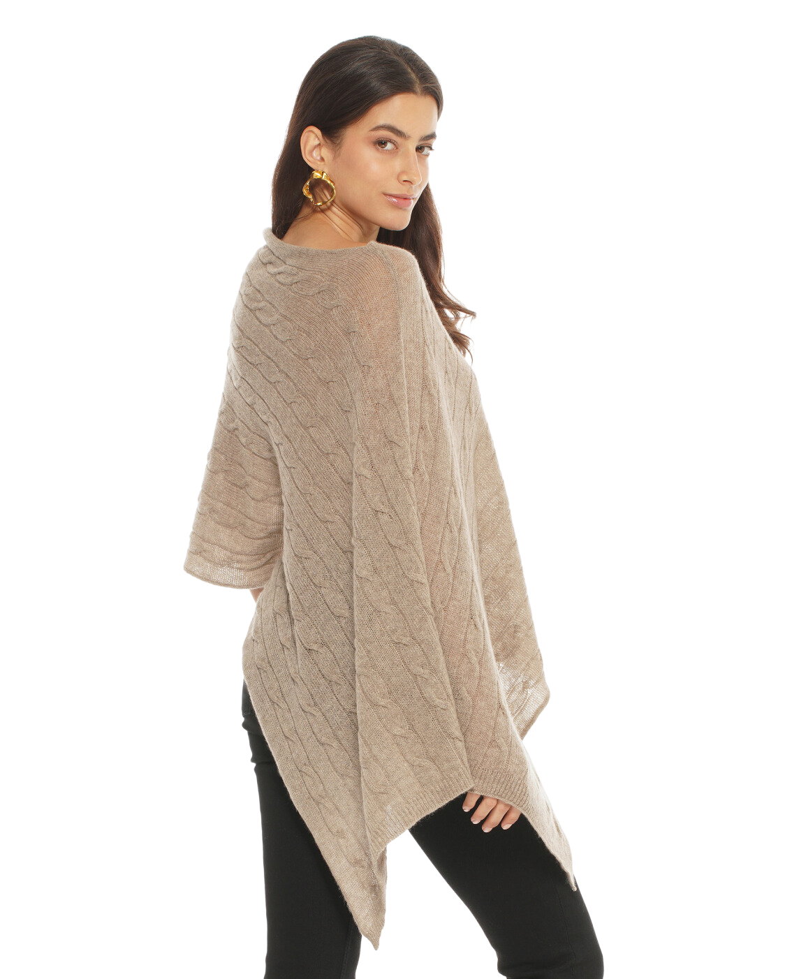 Monticelli Pure Cashmere Cable Knit Poncho Taupe  Made In Italy 2