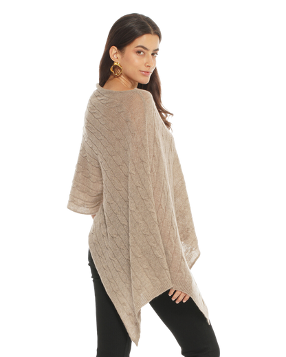 Monticelli Pure Cashmere Cable Knit Poncho Taupe  Made In Italy 2