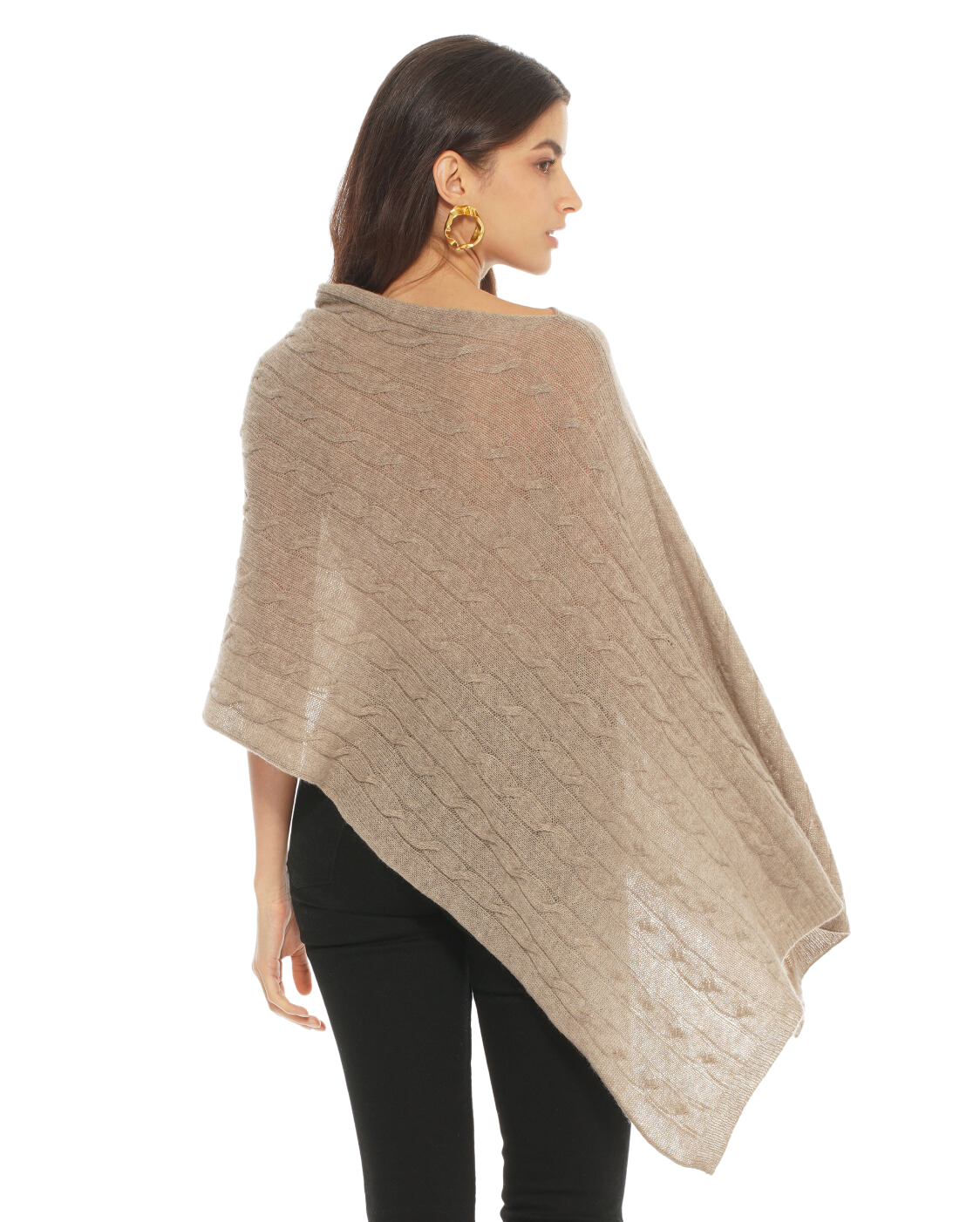 Monticelli Pure Cashmere Cable Knit Poncho Taupe  Made In Italy 3