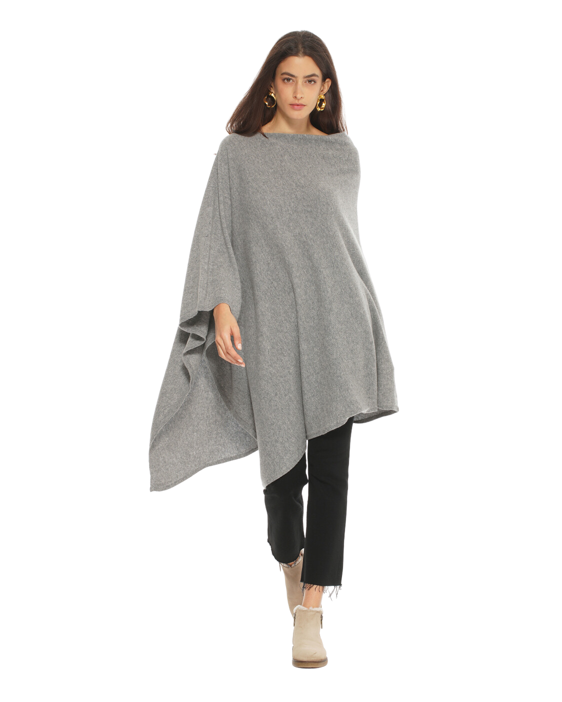 Monticelli Women's Long Pure Cashmere Poncho Made In Italy Medium Grey 4