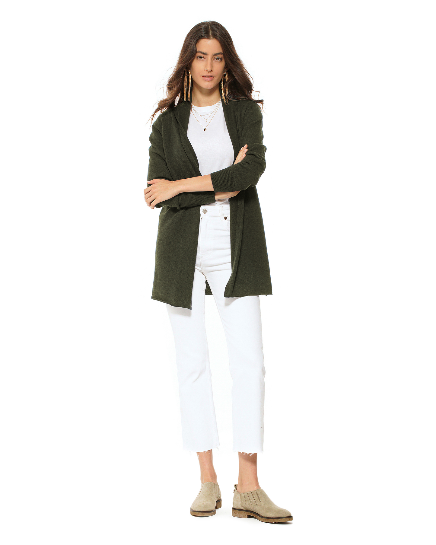 Women's Pure Cashmere Long Open Front Cardigan Olive Green