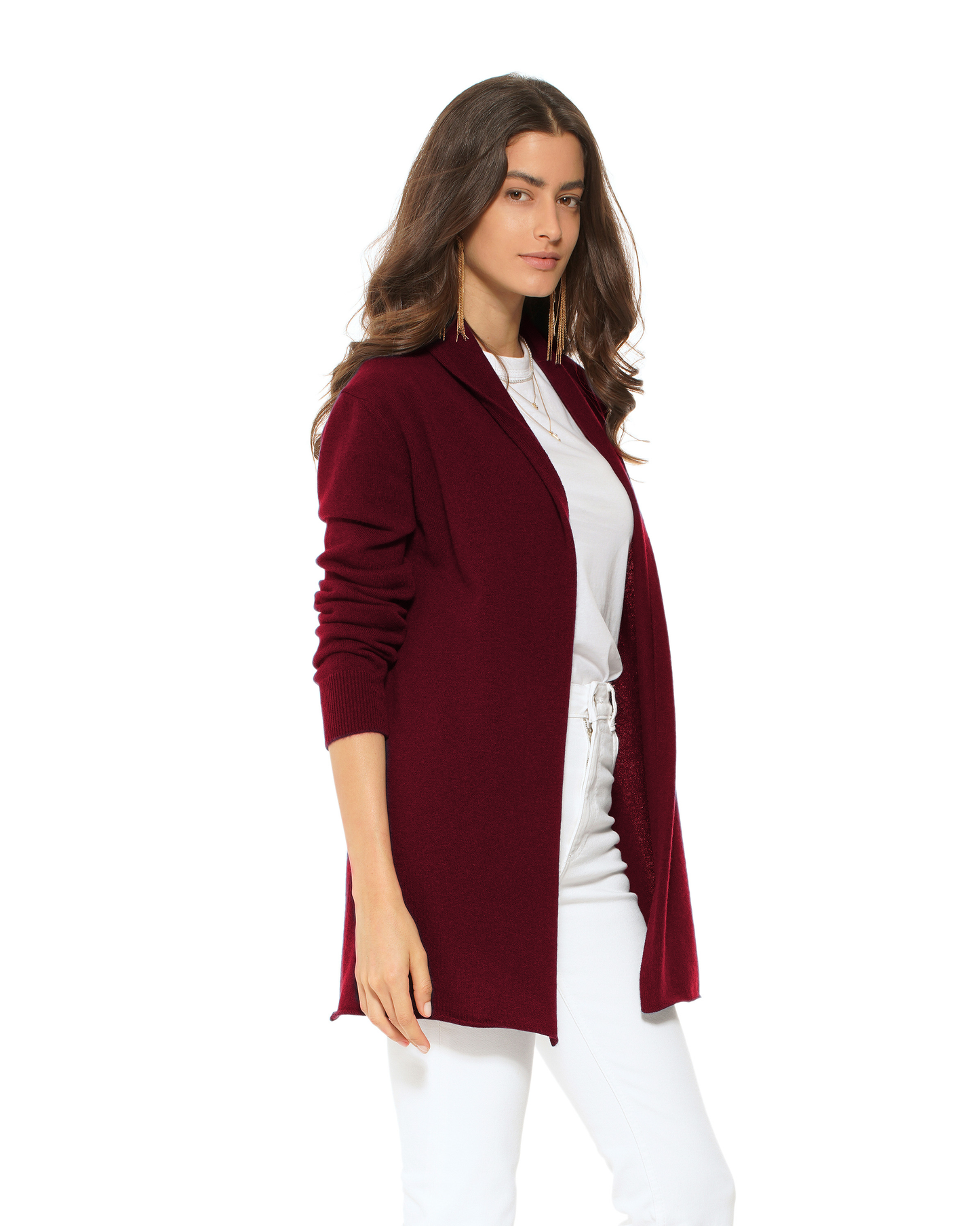 Women's Pure Cashmere Long Open Front Cardigan Bordeaux