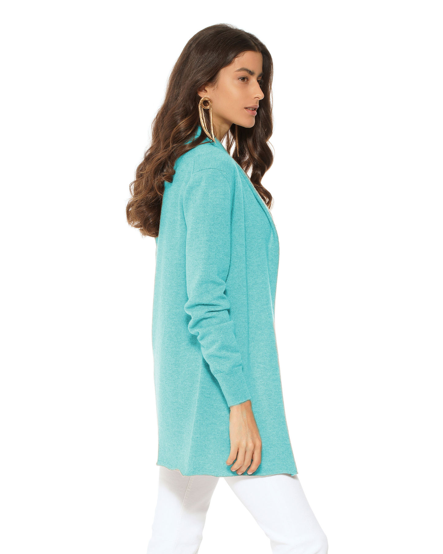 Women's Pure Cashmere Long Open Front Cardigan Cyan
