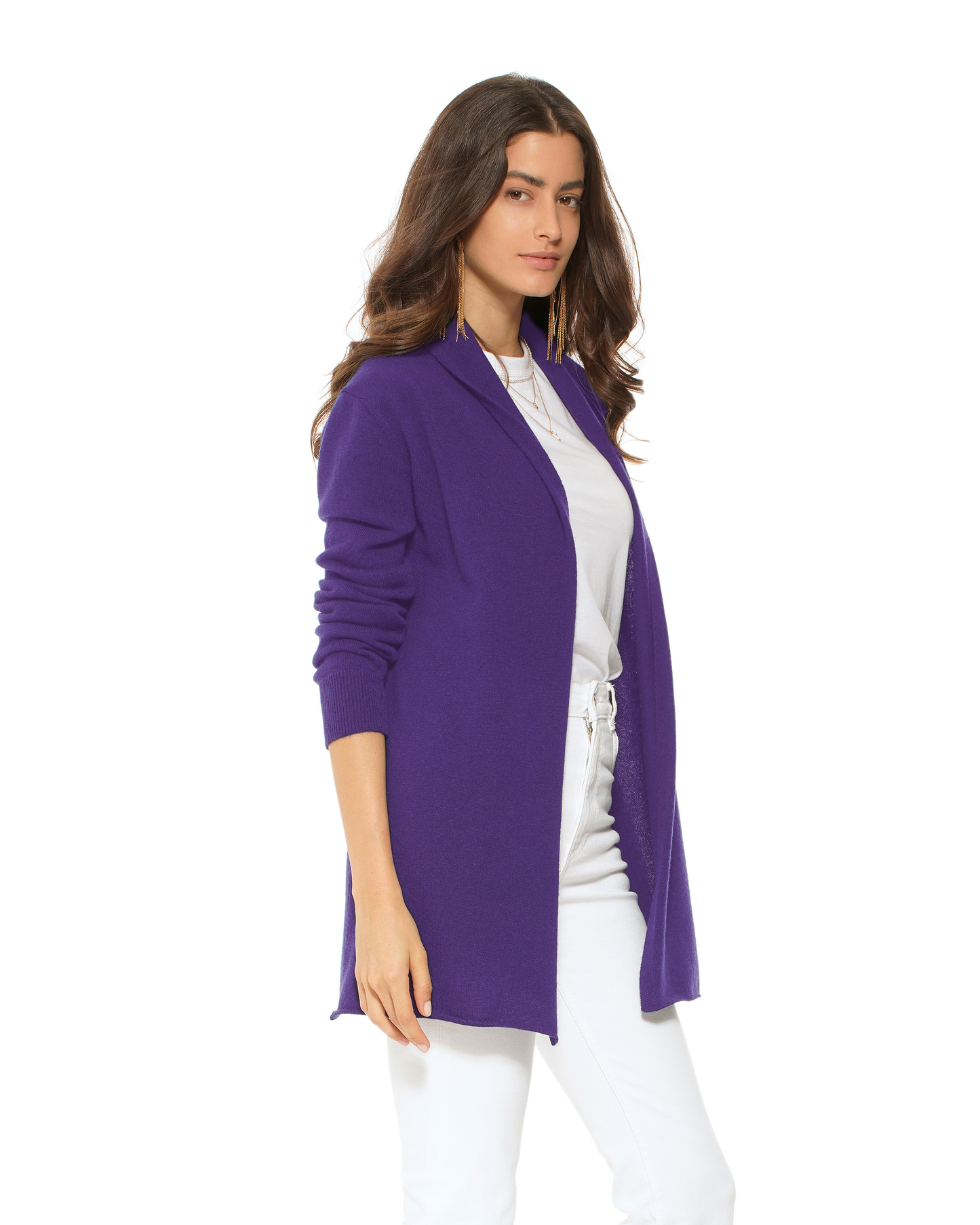 Women's Pure Cashmere Long Open Front Cardigan Iris Purple